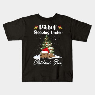 Pitbull Sleeping Under Christmas Tree Funny Xmas Kids T-Shirt